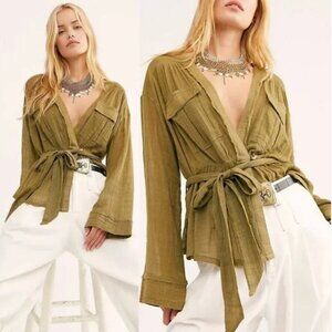 Free People We The Free Safari Sheer Wrap Top S Olive Green Belted Gauze